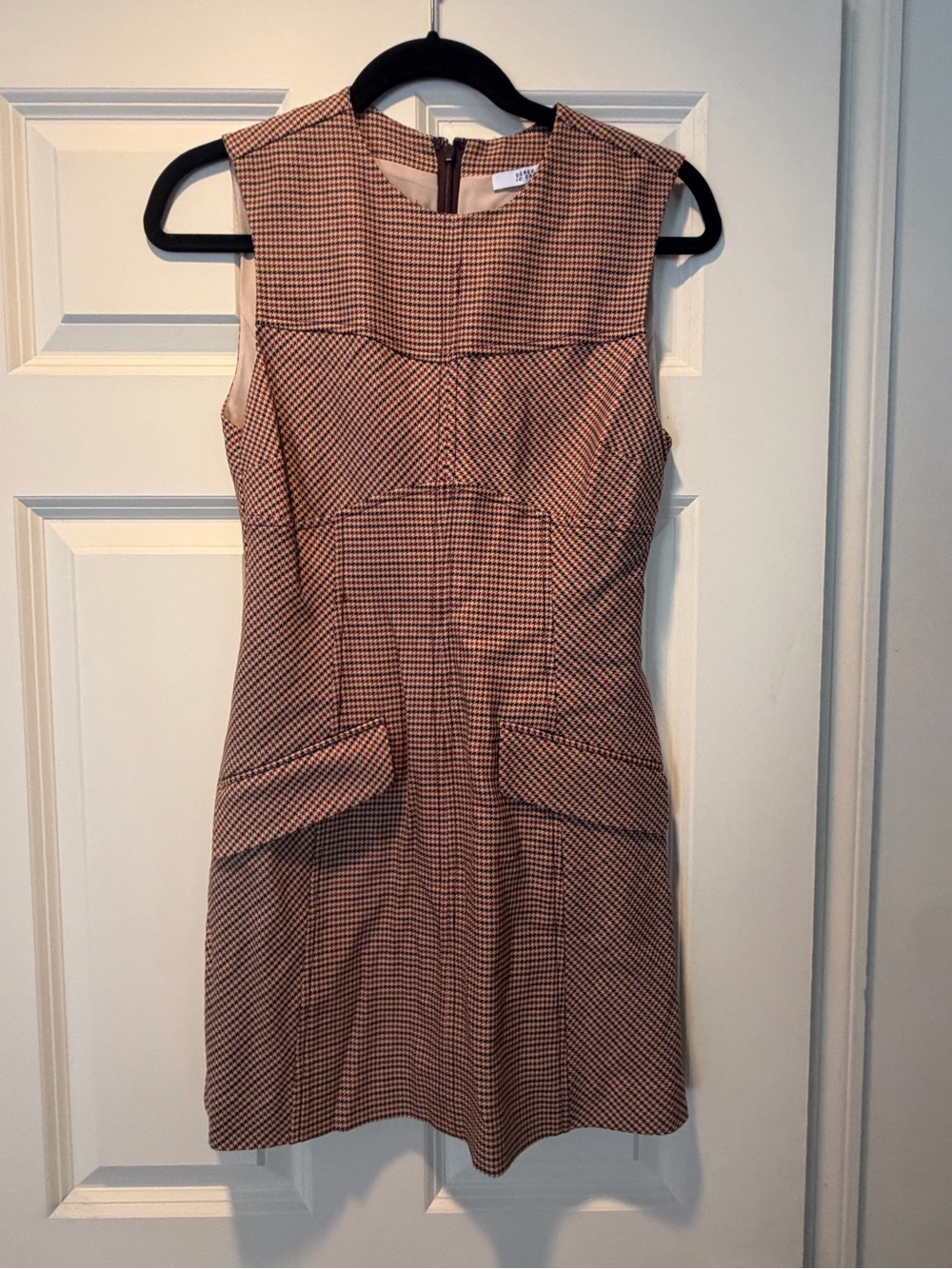 10 Crosby Derek Lam Tan and Black Houndstooth Sleeveless Sheath Dress